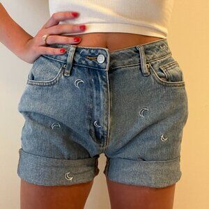 Whimsigoth Embroidered Moon Jean Shorts